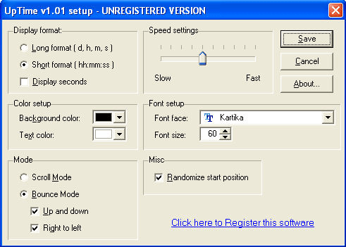 UpTime Screen Saver configuration screen with font, color, and animation options