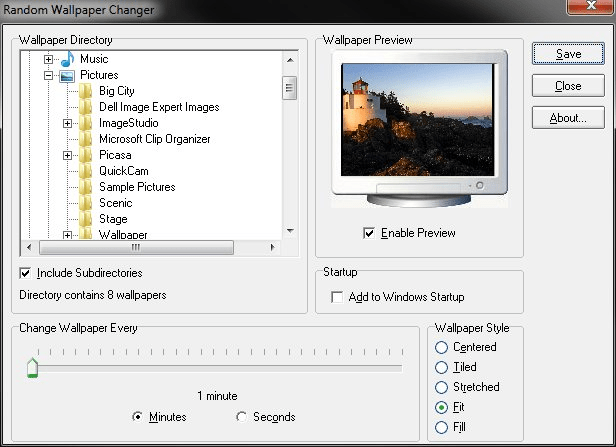 Random Wallpaper Changer setup screen with directory, interval, and display options