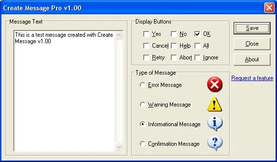 Create Message Pro main screen with message text, button, and icon configuration options