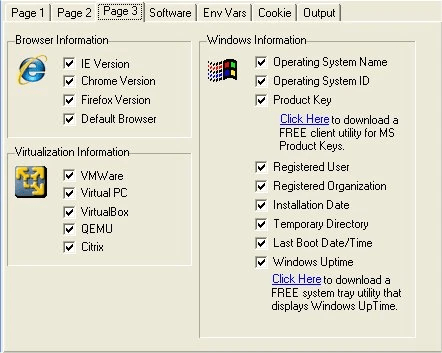 Log Info configuration screen page 3 with Windows system and virtual machine detection options