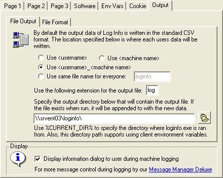 Log Info output configuration showing log file location and naming options
