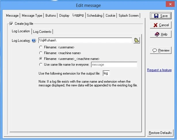 Message Manager Deluxe logging configuration with file path and format options