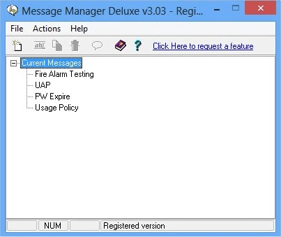 Message Manager Deluxe main screen showing configured messages list