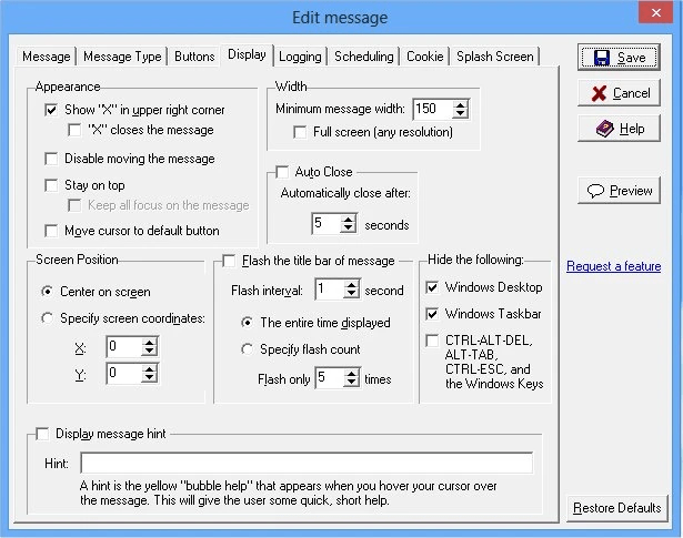 Message Manager Deluxe message options including desktop lockdown and focus control