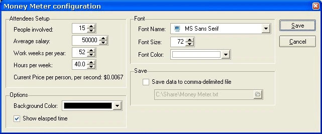 Money Meter configuration screen with salary and personnel settings