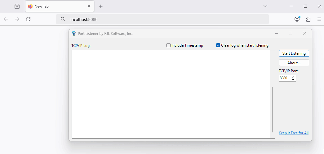 Animated walkthrough of Port Listener listening on port 8080 and responding to a Firefox HTTP request
