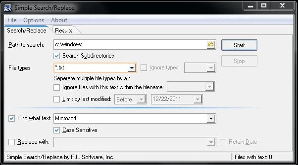 Simple Search-Replace main window showing directory selection, search text field, and file type filter