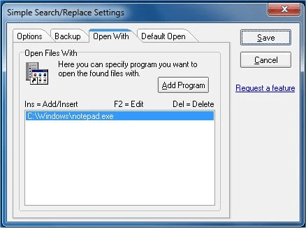 Simple Search-Replace Open With program configuration dialog