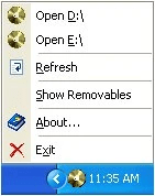 TrayCD right-click menu showing CD-ROM drives without removable media option