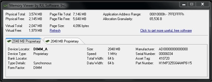 ViewMem main screen showing installed memory configuration