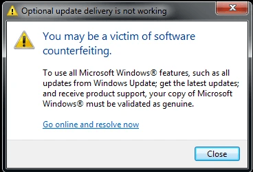 Non-genuine Windows product key warning